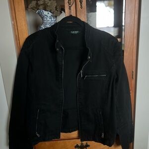 Lauren Ralph Lauren Women's XL Moto Stretch BlackDenim Jacket Full Zip Mock Neck
